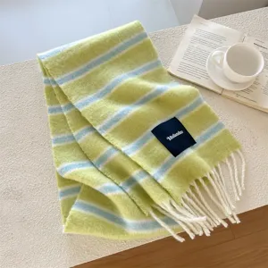 Elegante sciarpa a righe colorblock da donna, caldo scaldacollo in maglia con frange accogliente.