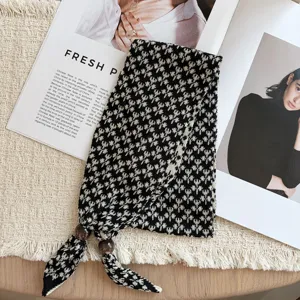 Retro black and white jacquard knit small scarf with bead ends fashion neck warmer