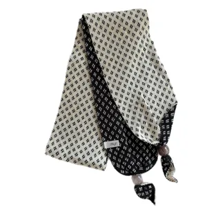 Japanese retro black and white jacquard knitted scarf with beads neckerchief for autumn winter