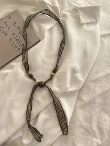 Retro literary fabric wooden bead scarf necklace, elegant linen ribbon design spring summer.