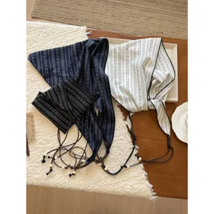Women Cotton Triangle Scarf Retro Striped Floral Headscarf Tassels Beaded Hair Bandanas Fashion Neckerchief
