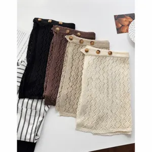 Korean style hollow knit tie hip skirt, versatile spring summer layering half skirt for women.