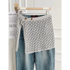 Korean style hollow-out knitted layered fake two-piece wrap skirt with denim pants aesthetic