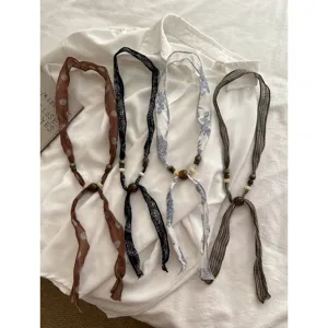 Retro Literary Linen Ribbon Silk Scarf Necklace For Women Fashion Fabric Wooden Bead Long Chain Elegant Jewelry Gift