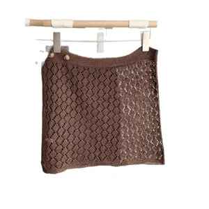 Korean style brown knitted hollow-out hip wrap skirt, versatile layering summer skirt.