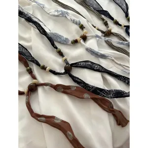 Vintage fabric wooden bead scarf necklace linen ribbon statement jewelry for women