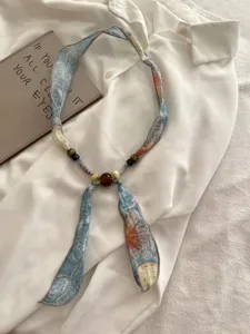 Retro artistieke linnen kraal sjaal ketting, veelzijdige lange halsdoek accessoire voor dames.