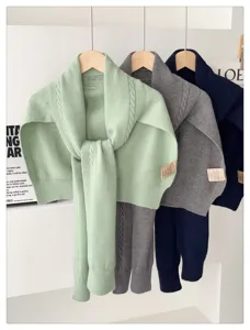 Korean style knitted women shawl cape and scarf set, soft warm winter pullover top.