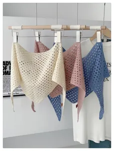 Knit hollow-out solid color triangle scarf, breathable summer sun protection shawl for women