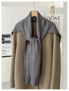 Korean style grey knitted scarf shawl autumn winter warm thick woolen cape for women collar.