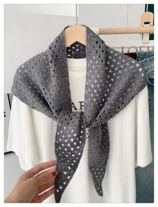 Grey knitted hollow out triangle scarf women chic versatile summer sun protection shawl top.