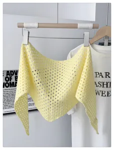 Yellow crochet knit hollow triangle scarf shawl for women, stylish lightweight summer neckerchief.
