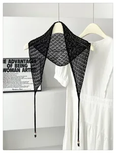 Black hollow knit triangle scarf with beaded strings, chic versatile layering shawl for women.