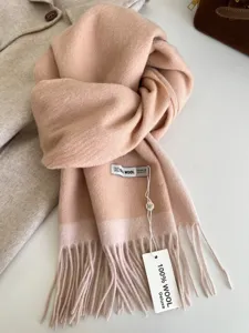 Pink and beige double-sided color-blocked 100% wool scarf with elegant fringes for winter.