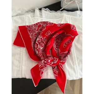 Κόκκινο τετράγωνο μαντήλι paisley από βαμβάκι και λινό, ρετρό bandana για άνοιξη και καλοκαίρι.