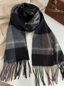 Classic vintage plaid winter scarf with soft fringe detail, cozy warm wool neck wrap.