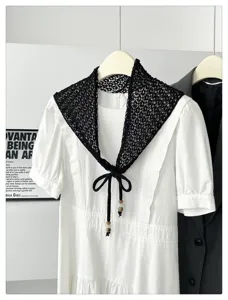 Korean style black hollow knit triangular scarf beaded shawl decorative accessory layered fake collar