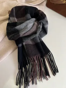 Classic plaid winter scarf with fringed hem, warm wool blend scarf for men and women.