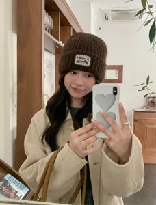 Korean autumn winter thick warm knit beanie hat for women, cozy plush wool skull cap style.
