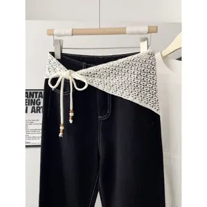 Korean style black pants with white hollow knitted waist wrap beaded drawstring decorative layer.