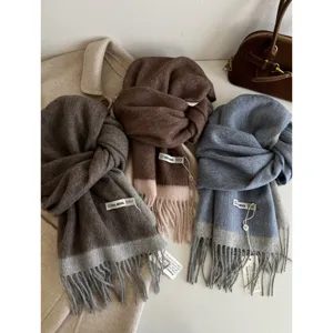 100% Wool Scarf Women Winter Warm Double-Sided Color-Blocking Plaid Tassel Shawl Elegant Retro Long Neck Scarf