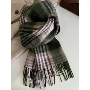Classic winter plaid wool scarf with soft fringe warm unisex cozy shawl wrap design.