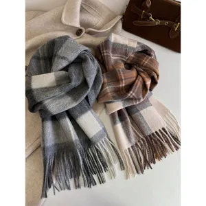 Classic plaid wool scarf with fringe, autumn winter warm cozy unisex neck wrap shawl