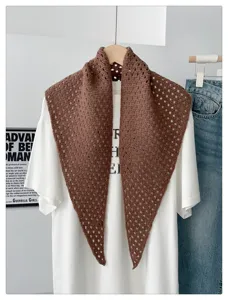 Knitted hollow solid color triangle scarf women's stylish breathable neck protection shawl.