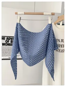 Blue knitted hollow-out triangle scarf shawl for women, stylish sun protection neck cover.