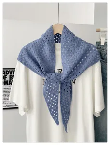 Blue knitted hollow triangular scarf shawl detail, stylish neck sun protection accessory for women.