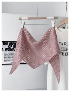 Pink knitted hollow triangular scarf, versatile summer sun protection shawl for women.