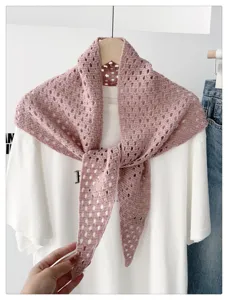 Women hollow out knit pink triangular shawl stylish daily sun protection scarf cape