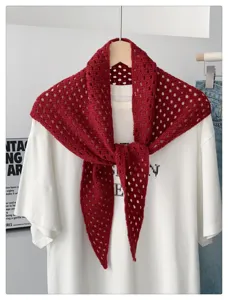 Red knit hollow out triangular scarf shawl, stylish daily wear accessory detail view.