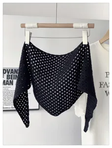 Women's black hollow knit triangle scarf versatile minimalist shawl sun protection wrap.