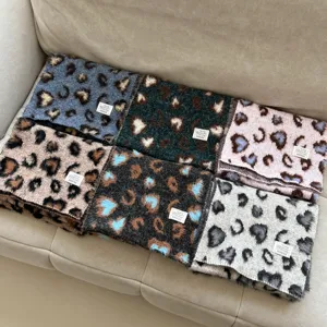 Women Winter Warm Leopard Print Scarf Fashion Wool Blend Knitted Long Scarf Casual Retro Neck Warmer Daily Accessories