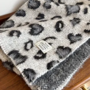 Cozy grey leopard print winter scarf for women, soft wool blend warm fashion neck wrap.