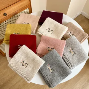 Womens thick warm wool blend knit scarf with cute embroidered horse design cozy winter accessory