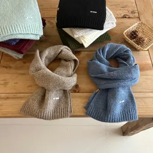 Cozy winter solid color knit scarf, retro wool blend versatile warm neckerchief for women.