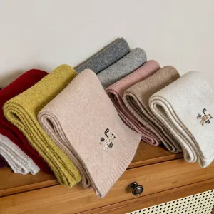 Winter Warm Wool Blend Scarf For Women Solid Color Embroidered Fashion Casual Neck Scarf Cold Weather Daily Accessory