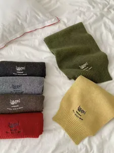 Cozy solid color wool blend scarf for women with chic letter embroidery, winter warm shawl.