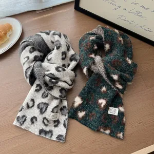 Cozy leopard print winter scarf, soft knit warm neck wrap for women, chic retro style.