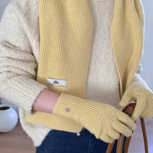 Women knit scarf and gloves set winter warm yellow ribbed neck warmer and cozy hand wear