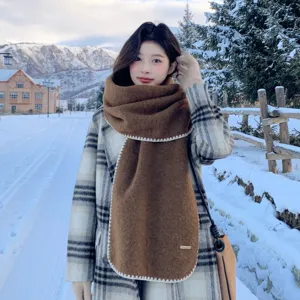 Winter warm imitation cashmere knitted scarf with white contrast edge for women daily wear.