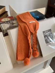 Autumn winter orange knitted scarf with cute pom pom tassels sweet plush neck warmer for women