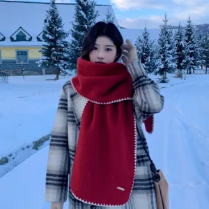 Red cashmere-feel winter scarf with white lock edge design, cozy knitted neck warmer for women.