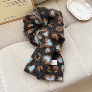 Detailed view of the Korean style fluffy leopard print winter warm soft wool scarf.