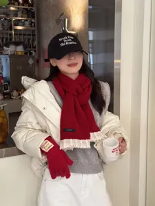 Korean style winter warm knitted scarf hat and gloves set with sweet lace trim detail.