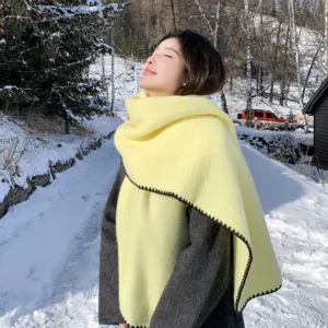 Cozy winter cashmere feel blanket scarf with contrast edge, warm soft neck wrap for women.