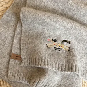 Thickened warm wool blend women scarf with cute horse embroidery and stylish knit texture