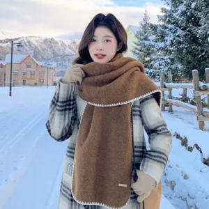 Korean style autumn winter warm imitation cashmere scarf with contrast white edge for women.